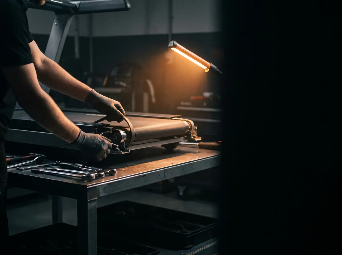 Gym Squad technician servicing a commercial treadmill belt in a workshop