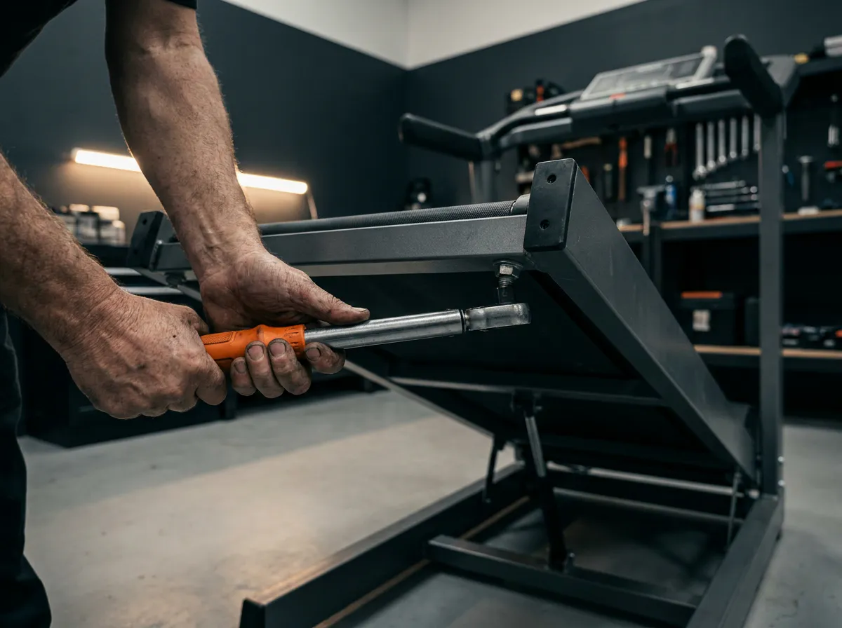 Technician tightening a fitness-equipment frame